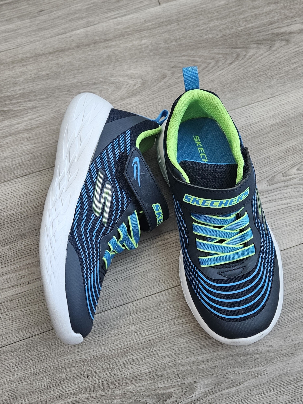 Skechers Kids Navy with Bright Green and Blue Slip-On Sneakers